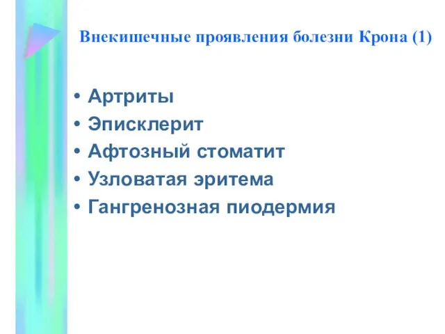 Внекишечные проявления болезни Крона (1) Артриты Эписклерит Афтозный стоматит Узловатая эритема Гангренозная пиодермия