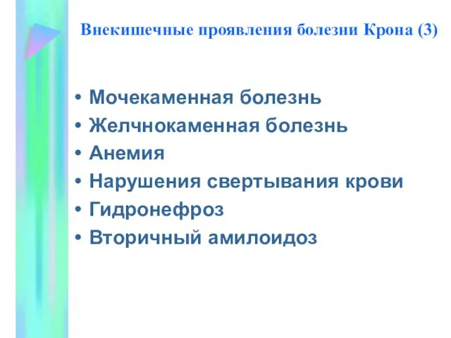 Внекишечные проявления болезни Крона (3) Мочекаменная болезнь Желчнокаменная болезнь Анемия Нарушения свертывания крови Гидронефроз Вторичный амилоидоз