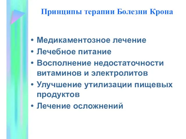 Принципы терапии Болезни Крона Медикаментозное лечение Лечебное питание Восполнение недостаточности витаминов