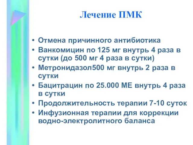 Лечение ПМК Отмена причинного антибиотика Ванкомицин по 125 мг внутрь 4