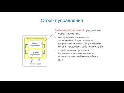 Объект управления Объект управления представляет собой подсистемы: материальных элементов экономической деятельности