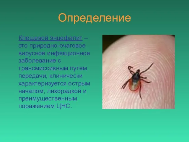 Определение Клещевой энцефалит – это природно-очаговое вирусное инфекционное заболевание с трансмиссивным