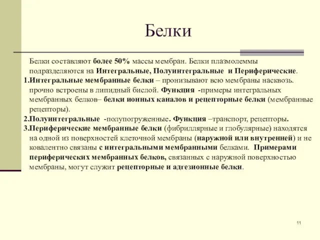 Белки Белки составляют более 50% массы мембран. Белки плазмолеммы подразделяются на