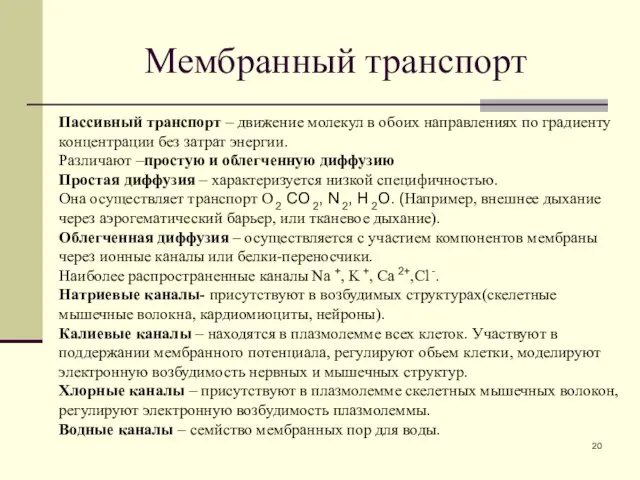 Мембранный транспорт Пассивный транспорт – движение молекул в обоих направлениях по