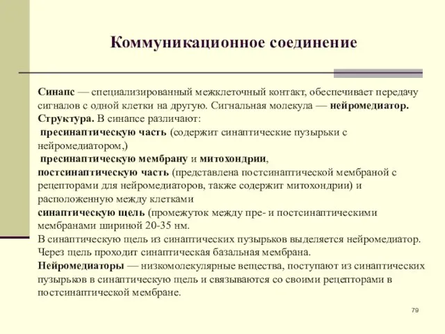 Коммуникационное соединение Синапс — специализированный межклеточный контакт, обеспечивает передачу сигналов с