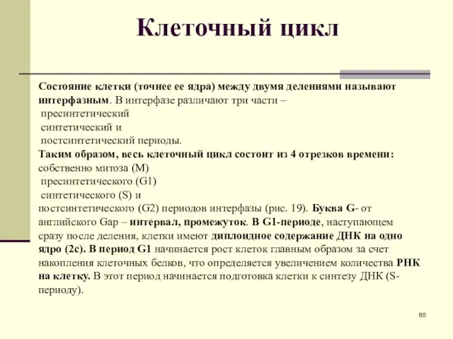 Клеточный цикл Состояние клетки (точнее ее ядра) между двумя делениями называют