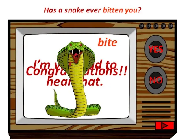 YES NO Congratulations!! I’m very sad to hear that. Has a snake ever bitten you? bite