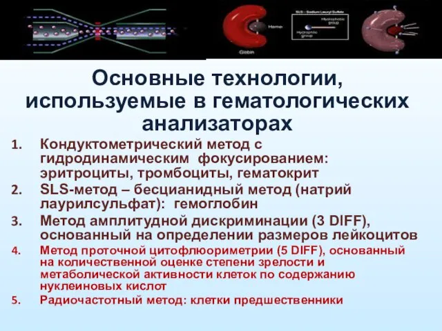 Основные технологии, используемые в гематологических анализаторах Кондуктометрический метод с гидродинамическим фокусированием: