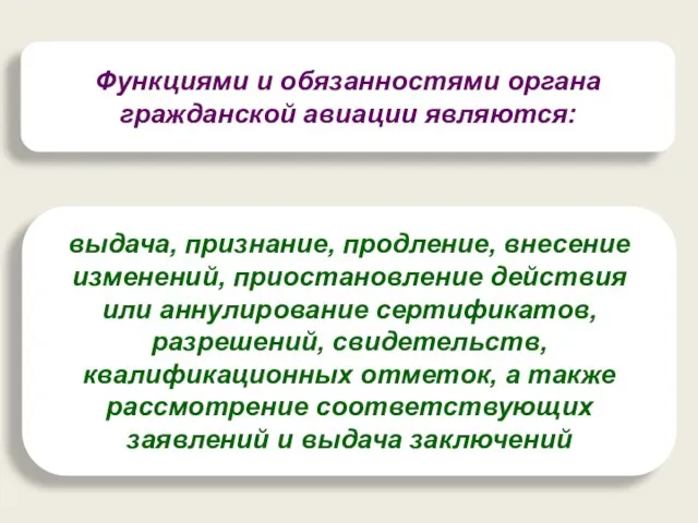 Функциями и обязанностями органа гражданской авиации являются: выдача, признание, продление, внесение