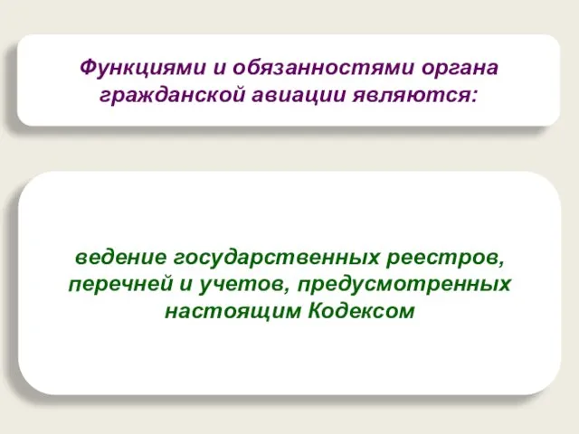 Функциями и обязанностями органа гражданской авиации являются: ведение государственных реестров, перечней и учетов, предусмотренных настоящим Кодексом