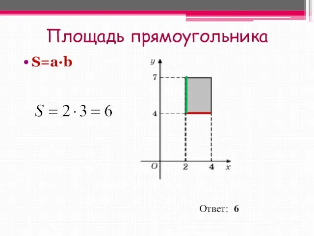 Площадь прямоугольника S=a∙b Ответ: 6