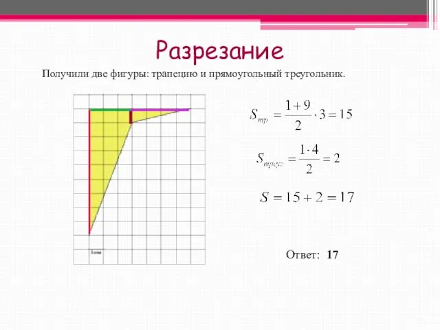 Разрезание Получили две фигуры: трапецию и прямоугольный треугольник. Ответ: 17