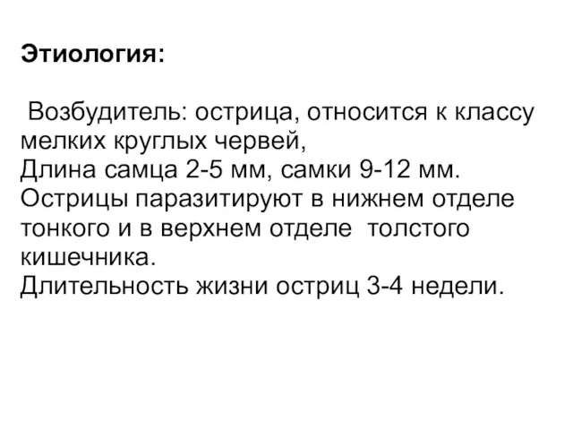 Этиология: Возбудитель: острица, относится к классу мелких круглых червей, Длина самца