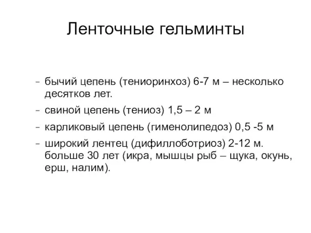 Ленточные гельминты бычий цепень (тениоринхоз) 6-7 м – несколько десятков лет.