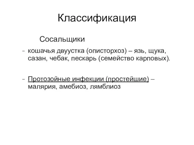 Классификация Сосальщики кошачья двуустка (описторхоз) – язь, щука, сазан, чебак, пескарь