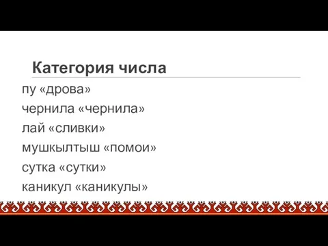 Категория числа пу «дрова» чернила «чернила» лай «сливки» мушкылтыш «помои» сутка «сутки» каникул «каникулы»