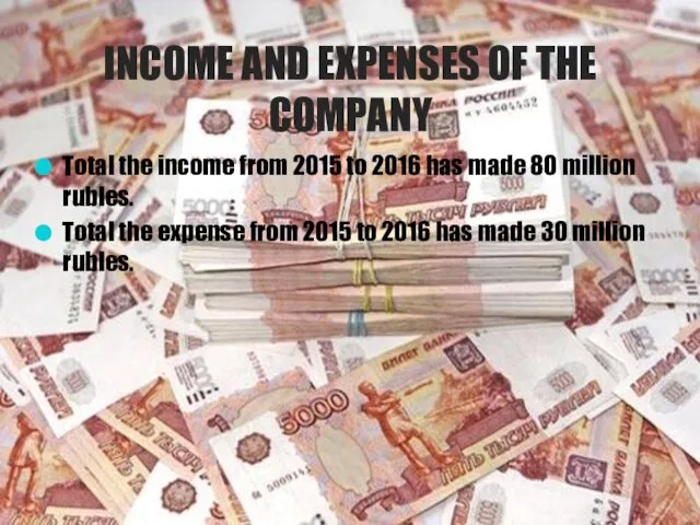 INCOME AND EXPENSES OF THE COMPANY Total the income from 2015