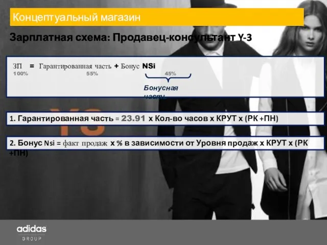 Концептуальный магазин Зарплатная схема: Продавец-консультант Y-3 1. Гарантированная часть = 23.91