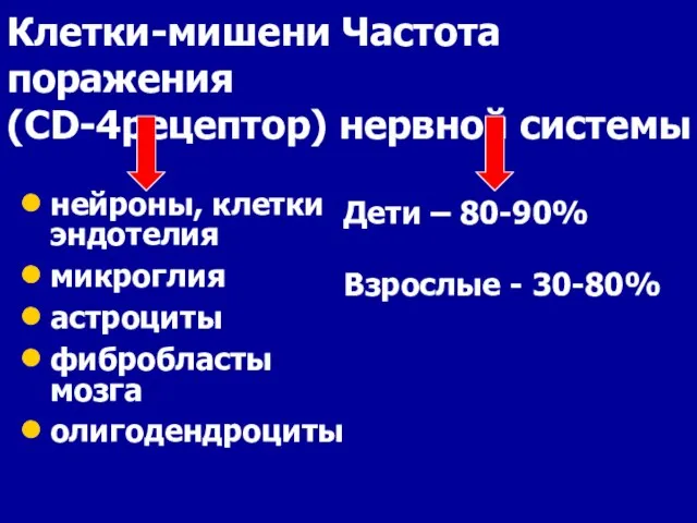 Клетки-мишени Частота поражения (CD-4рецептор) нервной системы нейроны, клетки эндотелия микроглия астроциты