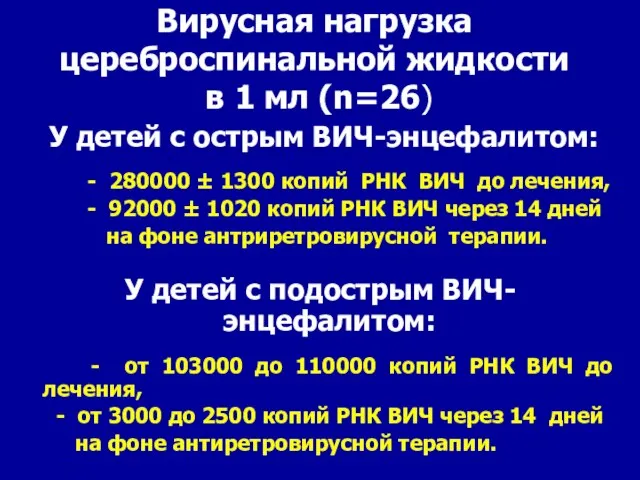 Вирусная нагрузка цереброспинальной жидкости в 1 мл (n=26) У детей с