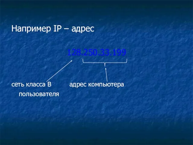 Например IP – адрес 128.250.33.199 сеть класса В адрес компьютера пользователя