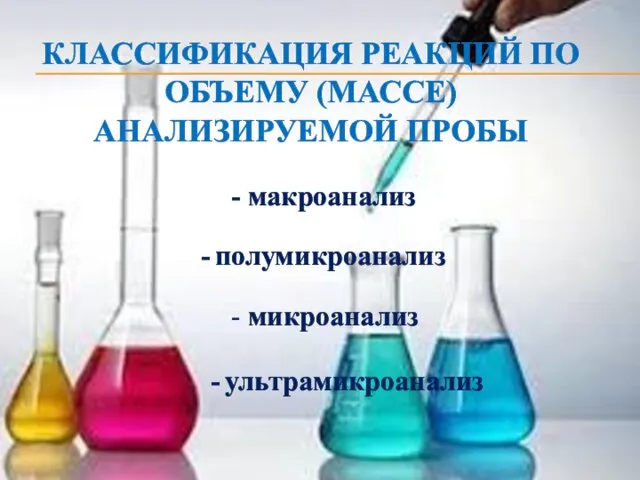 КЛАССИФИКАЦИЯ РЕАКЦИЙ ПО ОБЪЕМУ (МАССЕ) АНАЛИЗИРУЕМОЙ ПРОБЫ - макроанализ - полумикроанализ - микроанализ - ультрамикроанализ