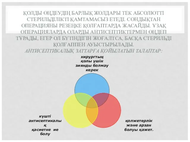 ҚОЛДЫ ӨҢДЕУДІҢ БАРЛЫҚ ЖОЛДАРЫ ТЕК АБСОЛЮТТІ СТЕРИЛЬДІЛІКТІ ҚАМТАМАСЫЗ ЕТЕДІ. СОНДЫҚТАН ОПЕРАЦИЯНЫ