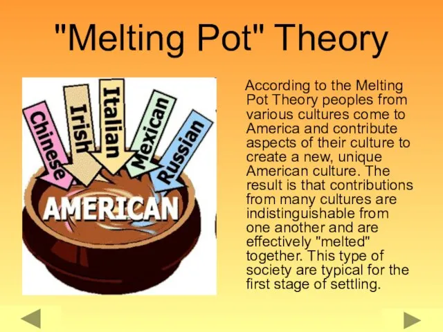 "Melting Pot" Theory According to the Melting Pot Theory peoples from