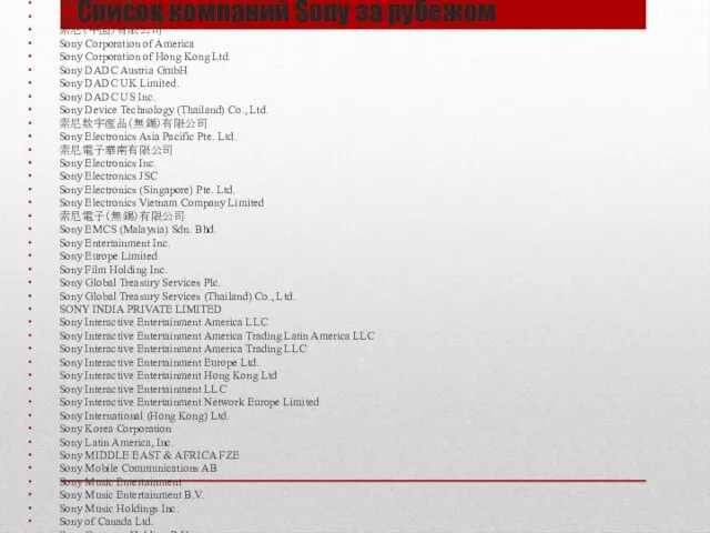 Список компаний Sony за рубежом Altair Semiconductor Ltd. Beijing SE Potevio