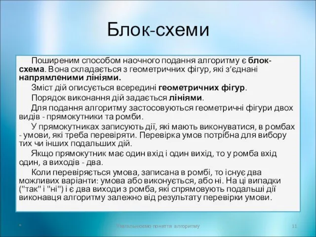 Блок-схеми Поширеним способом наочного подання алгоритму є блок-схема. Вона складається з