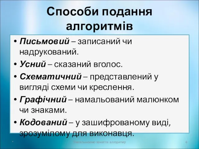 Способи подання алгоритмів Письмовий – записаний чи надрукований. Усний – сказаний