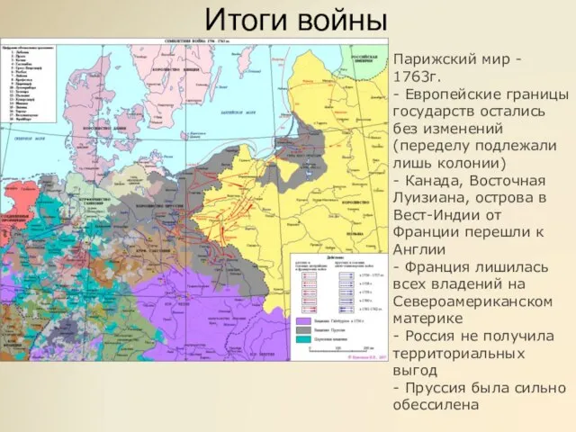 Итоги войны Парижский мир - 1763г. - Европейские границы государств остались