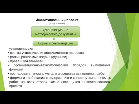 Инвестиционный проект (продолжение) устанавливают: состав участников инвестиционного процесса роль и решаемые