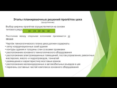 Выбор ширины пролётов осуществляется на основе типового ряда в метрах: 18