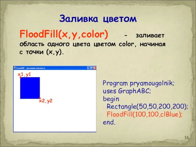 Заливка цветом FloodFill(x,y,color) - заливает область одного цвета цветом color, начиная