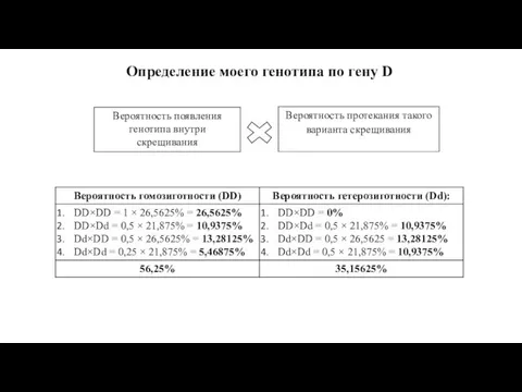 Определение моего генотипа по гену D Вероятность появления генотипа внутри скрещивания Вероятность протекания такого варианта скрещивания