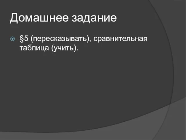 Домашнее задание §5 (пересказывать), сравнительная таблица (учить).