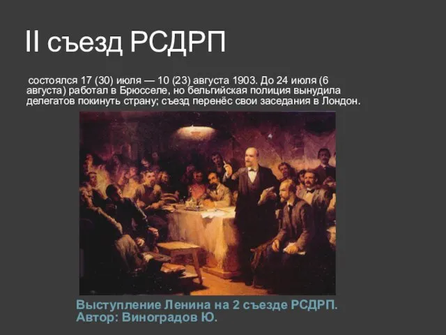 II съезд РСДРП Выступление Ленина на 2 съезде РСДРП. Автор: Виноградов