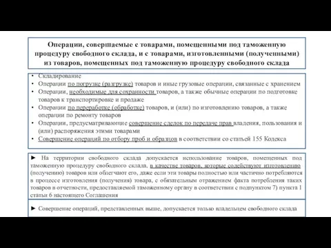 Операции, совершаемые с товарами, помещенными под таможенную процедуру свободного склада, и