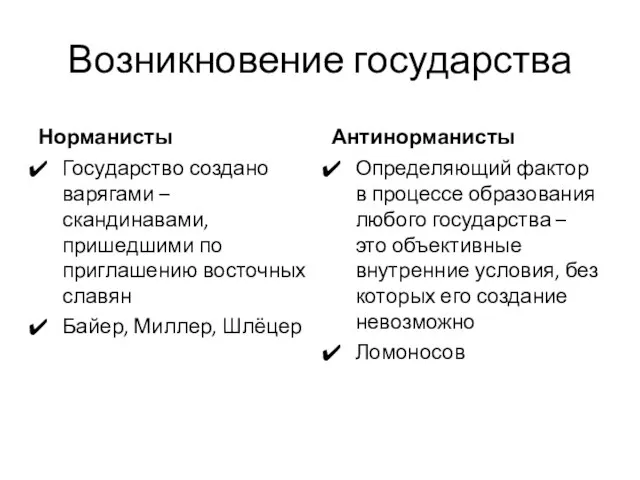 Возникновение государства Норманисты Государство создано варягами – скандинавами, пришедшими по приглашению