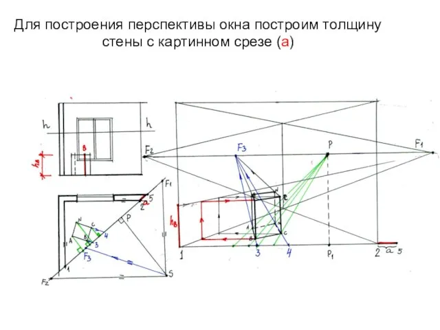 Для построения перспективы окна построим толщину стены с картинном срезе (а)