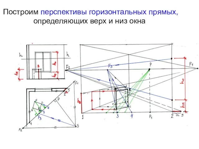 Построим перспективы горизонтальных прямых, определяющих верх и низ окна