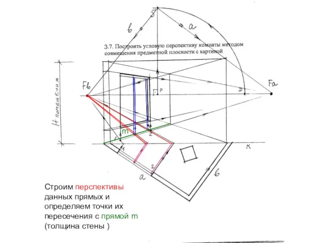 3 Строим перспективы данных прямых и определяем точки их пересечения с