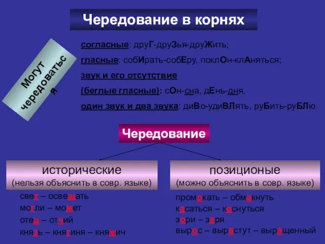 Чередование в корнях Могут чередоваться согласные: друГ-друЗья-друЖить; гласные: собИрать-собЕру, поклОн-клАняться; звук