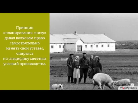 Принцип «планирования снизу» давал колхозам право самостоятельно менять свои уставы, опираясь на специфику местных условий производства.