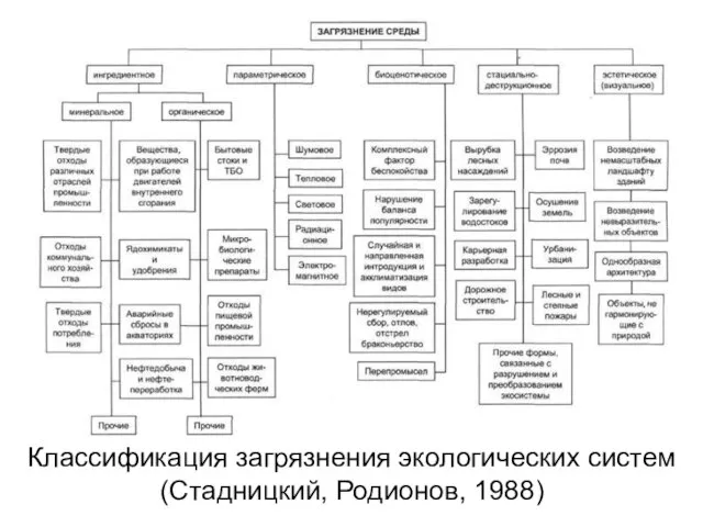 Классификация загрязнения экологических систем (Стадницкий, Родионов, 1988)