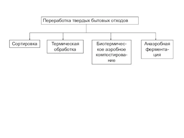 Переработка твердых бытовых отходов Термическая обработка Биотермичес-кое аэробное компостирова-ние Анаэробная фермента-ция Сортировка