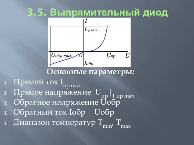 3.5. Выпрямительный диод Основные параметры: Прямой ток Iпр max Прямое напряжение