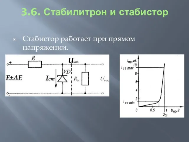 3.6. Стабилитрон и стабистор Стабистор работает при прямом напряжении.