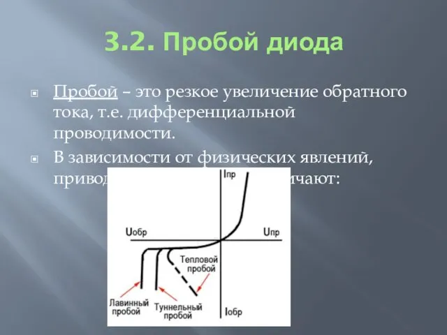 3.2. Пробой диода Пробой – это резкое увеличение обратного тока, т.е.